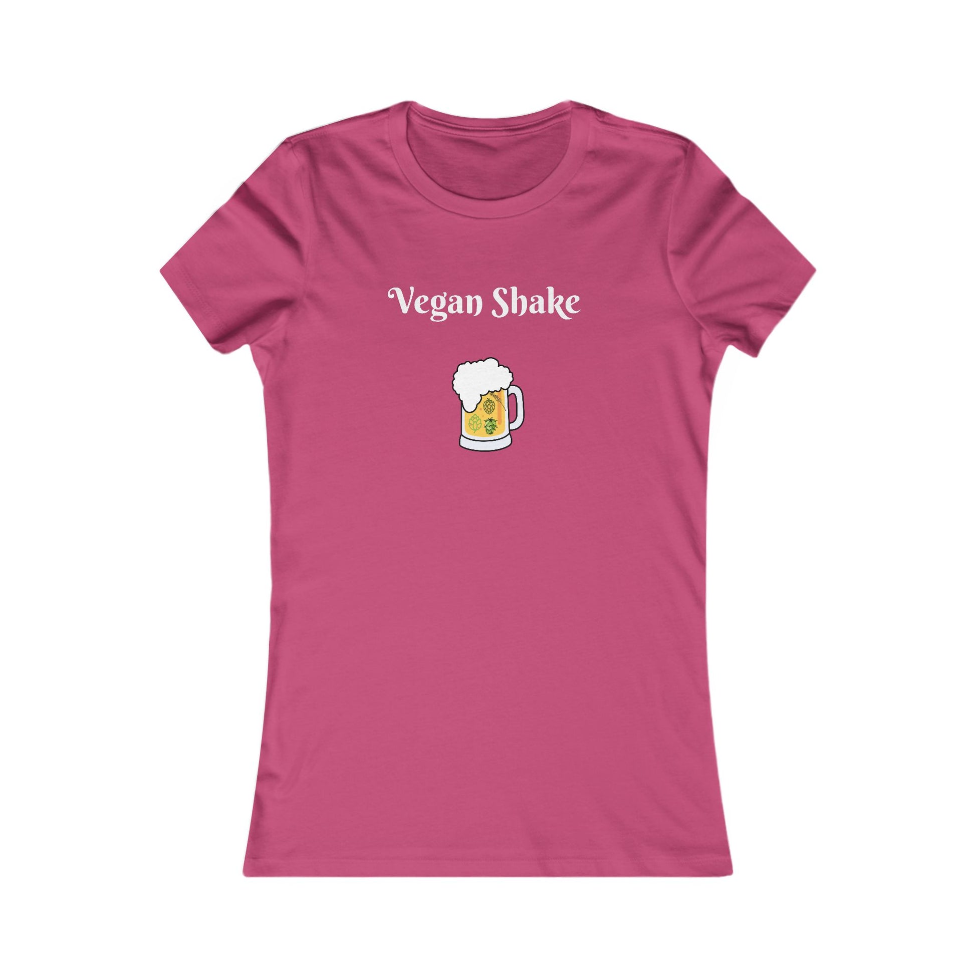Pink beer in disguise t-shirt women with Vegan Shake text and beer mug graphic from Printify