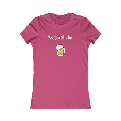 Pink beer in disguise t-shirt women with Vegan Shake text and beer mug graphic from Printify
