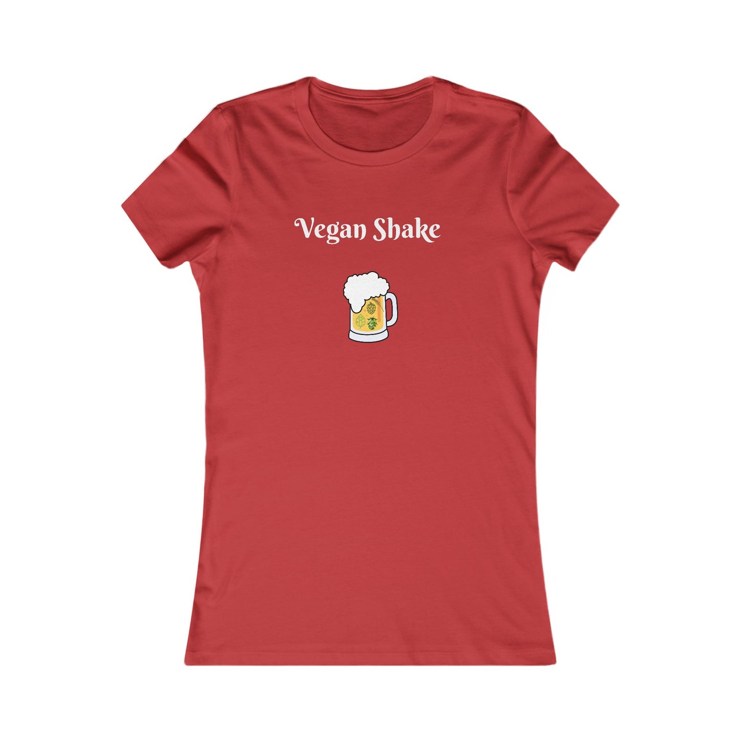 Red Printify beer in disguise t-shirt women with Vegan Shake text and beer mug graphic
