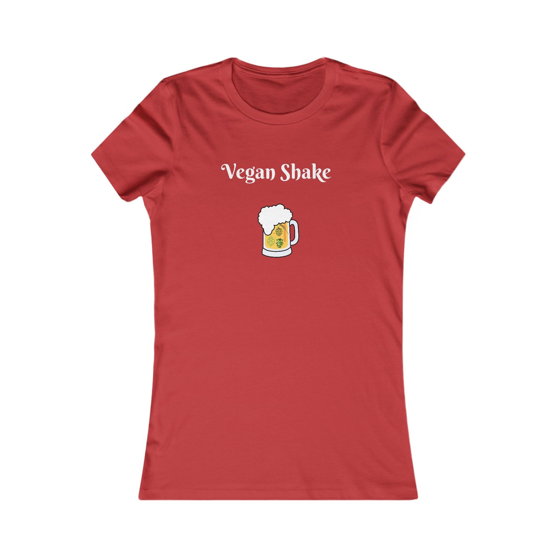 Red Printify beer in disguise t-shirt women with Vegan Shake text and beer mug graphic