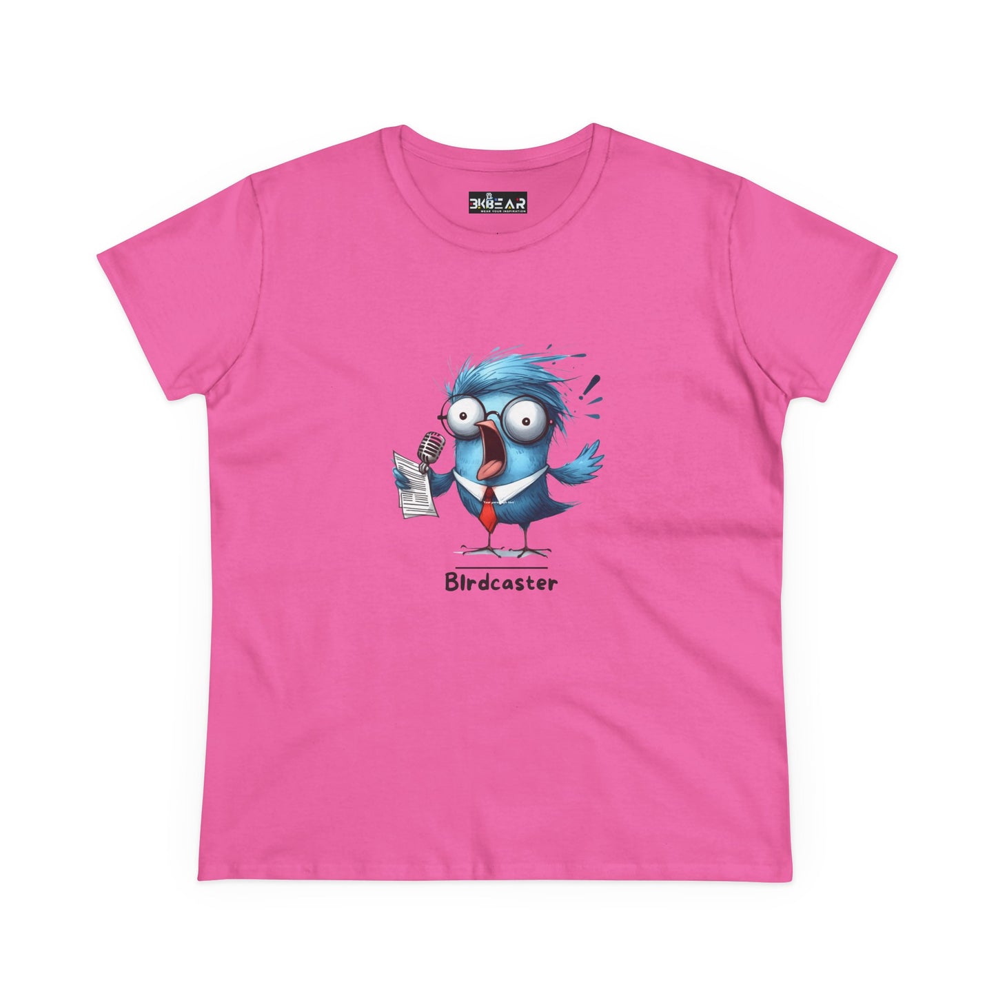 Pink bird lover shirt women featuring a cartoon blue bird with glasses holding a microphone and paper