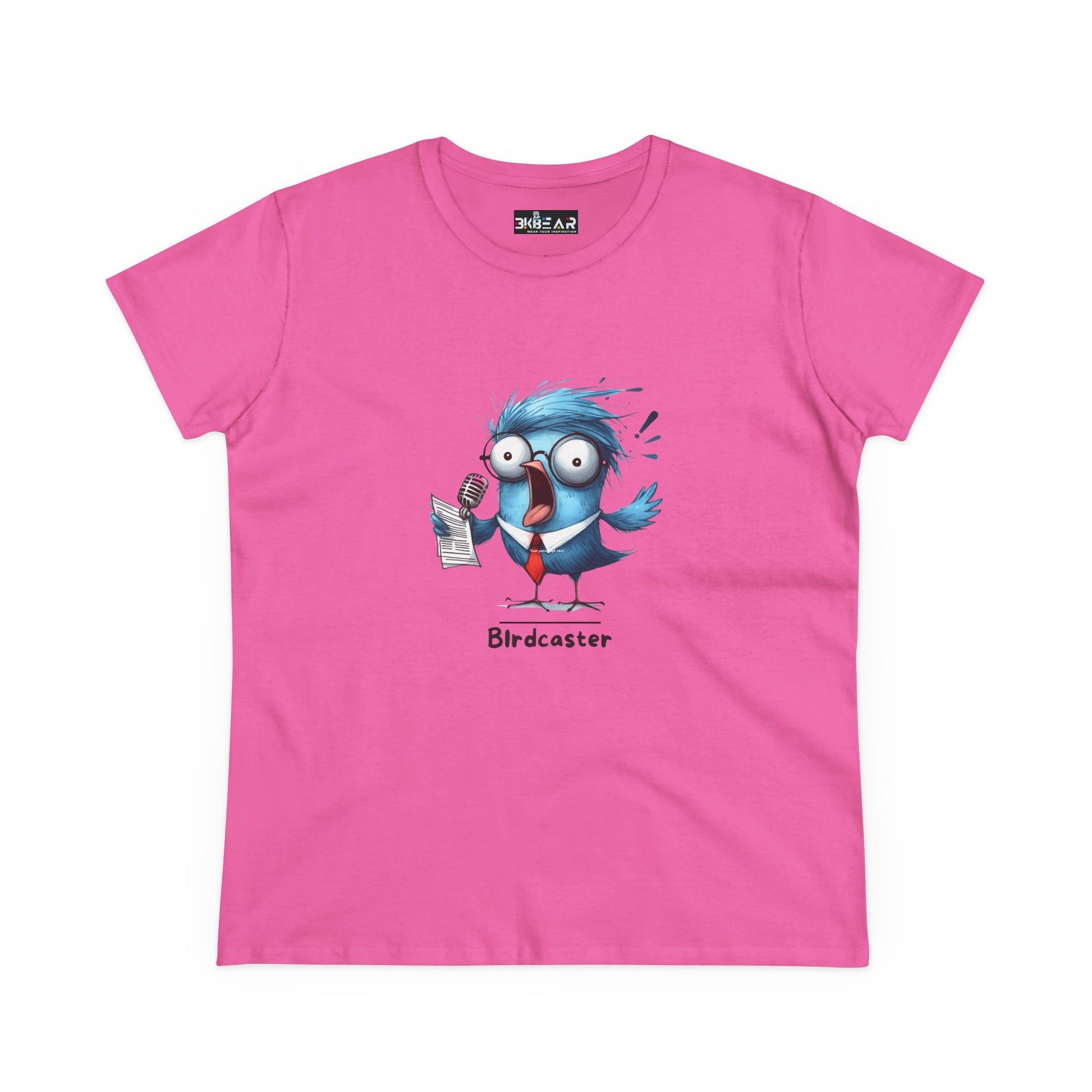 Pink bird lover shirt women featuring a cartoon blue bird with glasses holding a microphone and paper