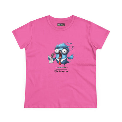 Pink bird lover shirt women featuring a cartoon blue bird with glasses holding a microphone and paper