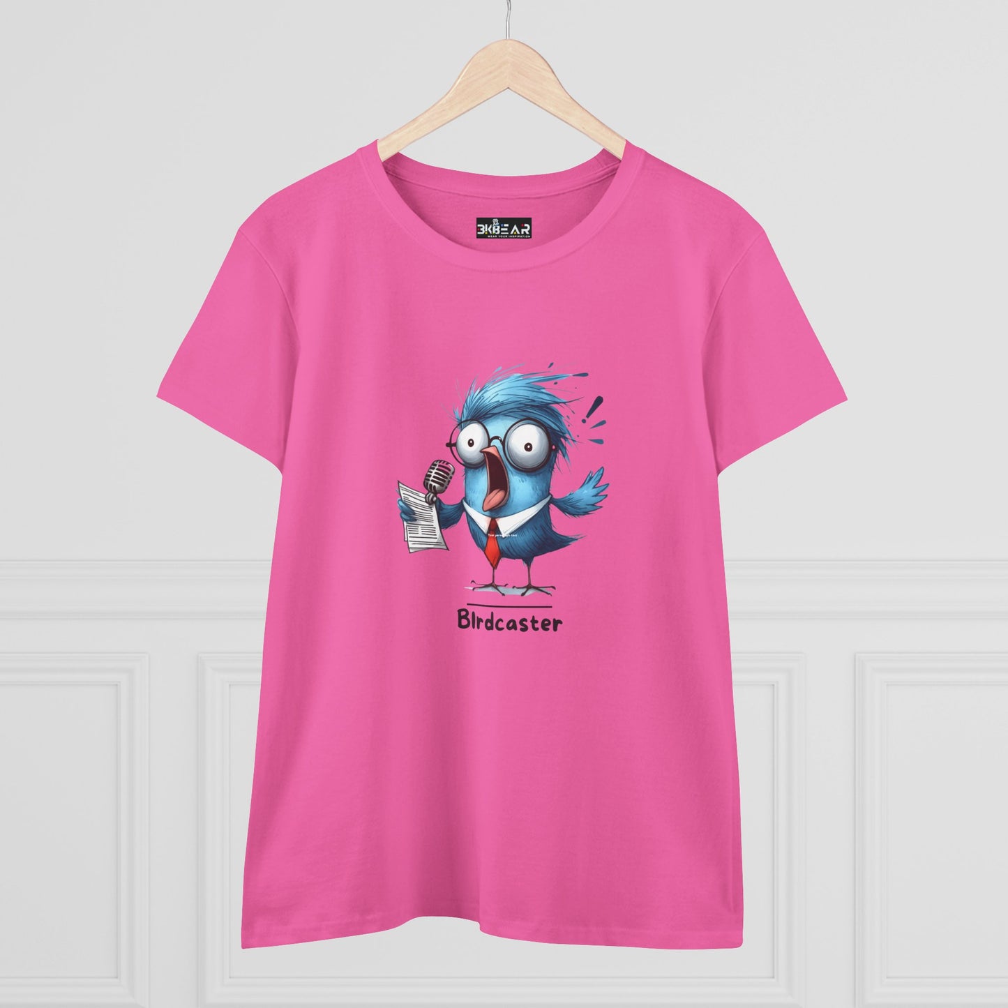 Pink bird lover shirt women with cartoon blue bird holding microphone graphic from Printify
