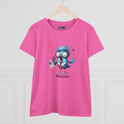 Pink bird lover shirt women with cartoon blue bird holding microphone graphic from Printify