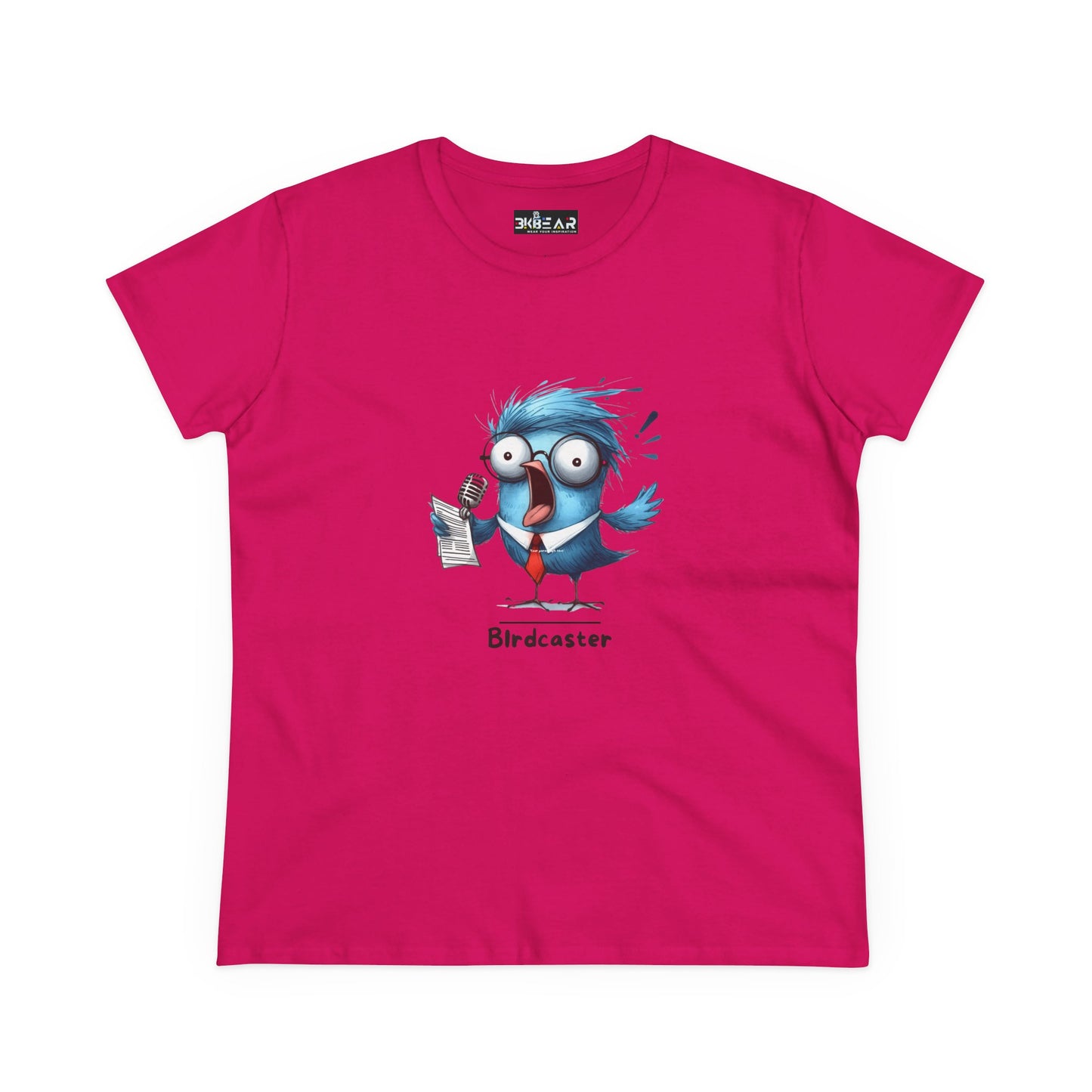 Bright pink bird lover shirt women with cartoon blue bird holding microphone and notes