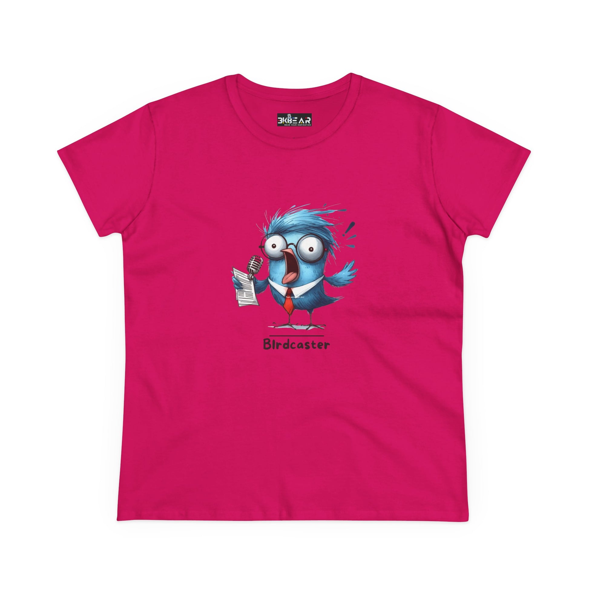 Bright pink bird lover shirt women with cartoon blue bird holding microphone and notes