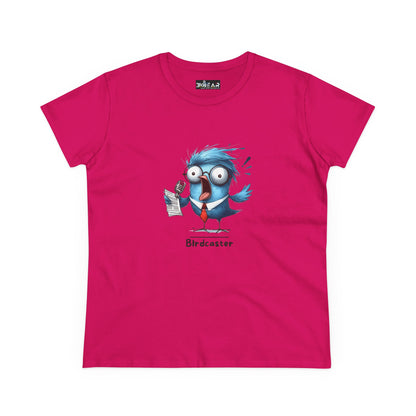 Bright pink bird lover shirt women with cartoon blue bird holding microphone and notes