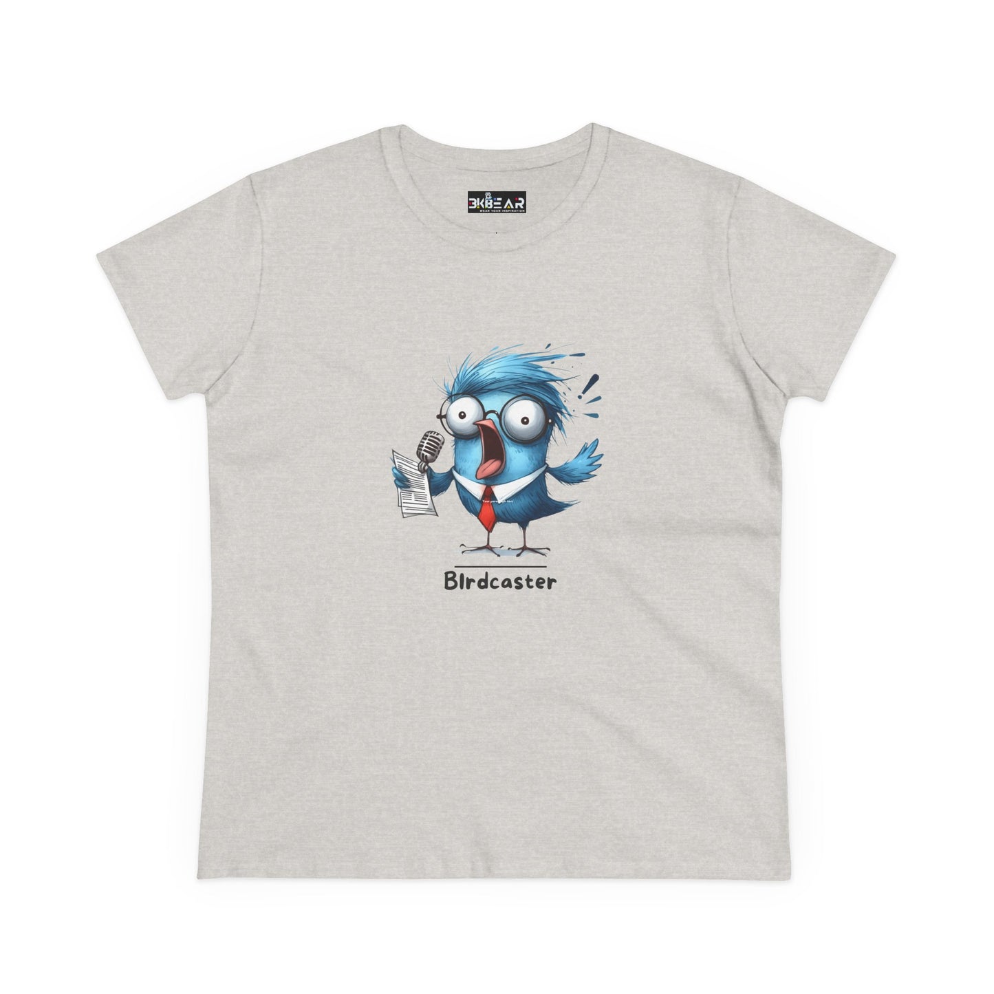 Printify bird lover shirt women with cartoon blue bird holding microphone and notes on light gray tee