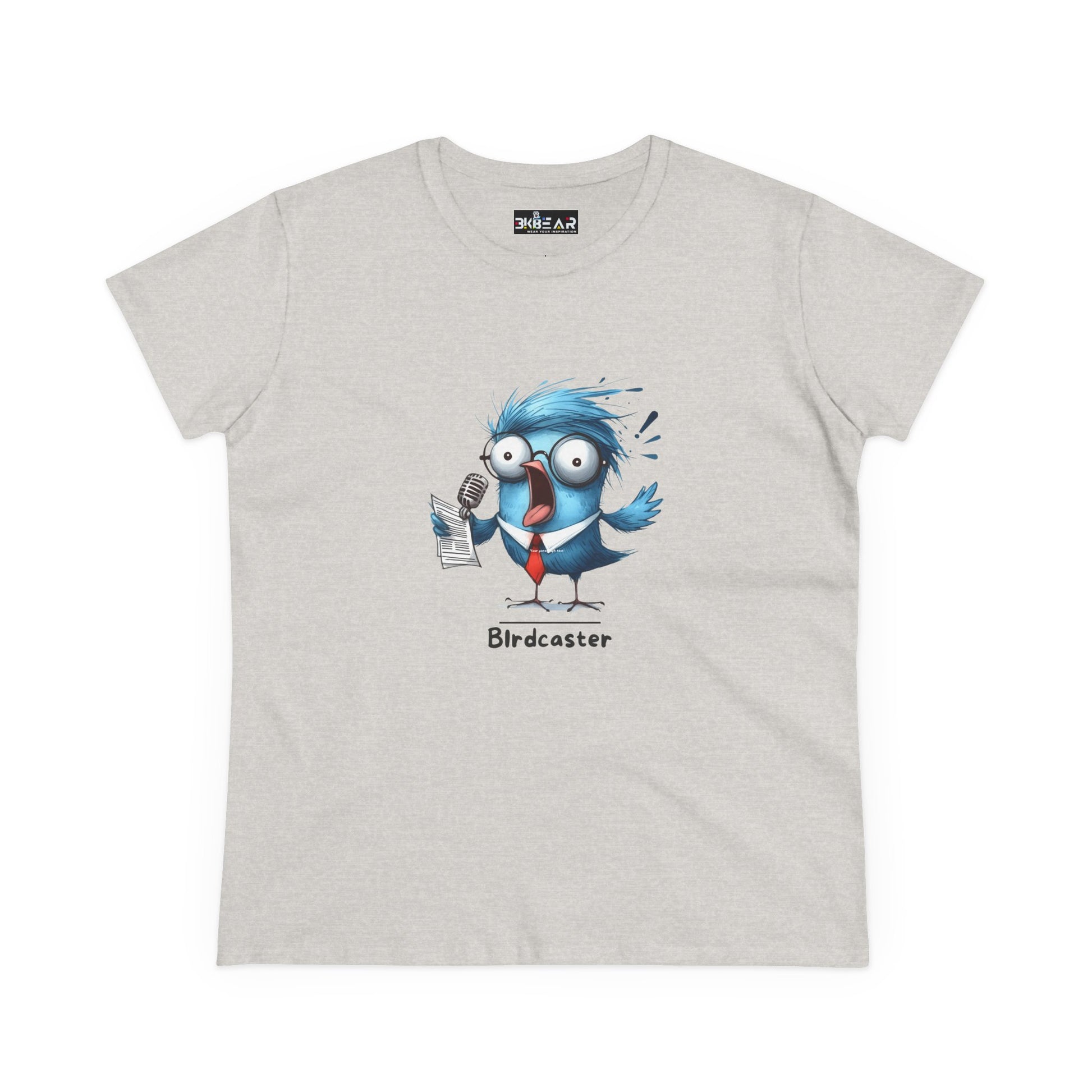 Printify bird lover shirt women with cartoon blue bird holding microphone and notes on light gray tee