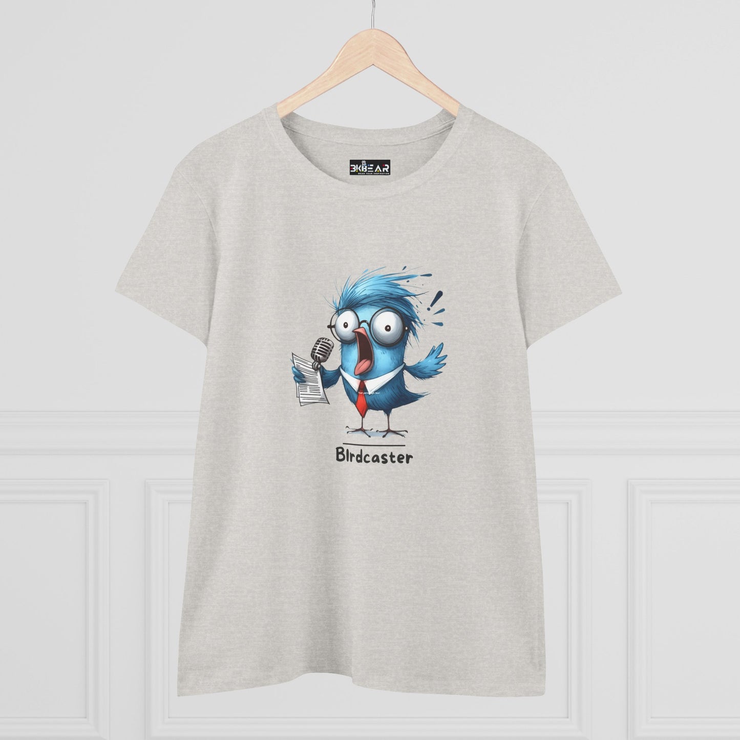 Light gray bird lover shirt women featuring a cartoon blue bird with microphone and papers printed on front