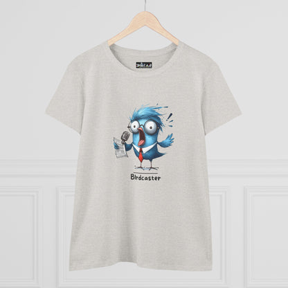 Light gray bird lover shirt women featuring a cartoon blue bird with microphone and papers printed on front
