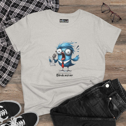 Light gray bird lover shirt women featuring a cartoon blue bird with glasses holding a microphone and paper