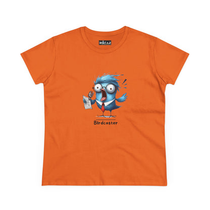 Orange bird lover shirt women with cartoon blue bird holding microphone and paper print