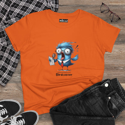 Orange bird lover shirt women with cartoon blue bird holding microphone and paper on front
