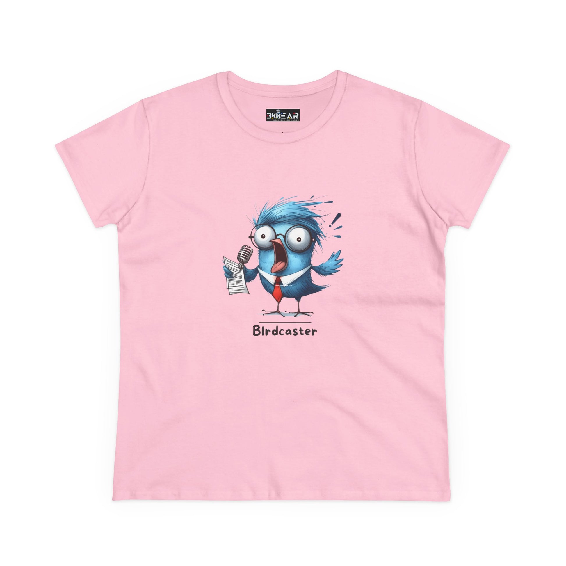 Pink bird lover shirt women with cartoon blue bird holding microphone and paper print