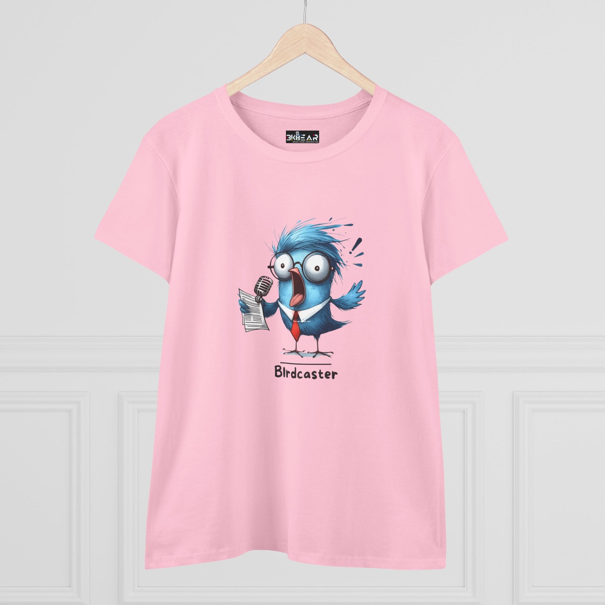 Pink bird lover shirt women with cartoon blue bird holding news papers and microphone