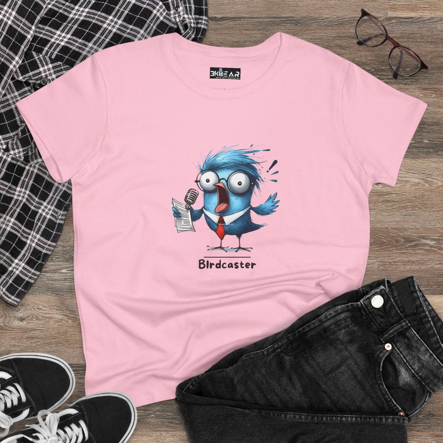 Pink bird lover shirt women featuring a cartoon bird with glasses singing into a microphone