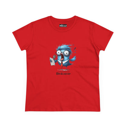 Red Printify bird lover shirt women with funny blue bird holding a microphone and paper