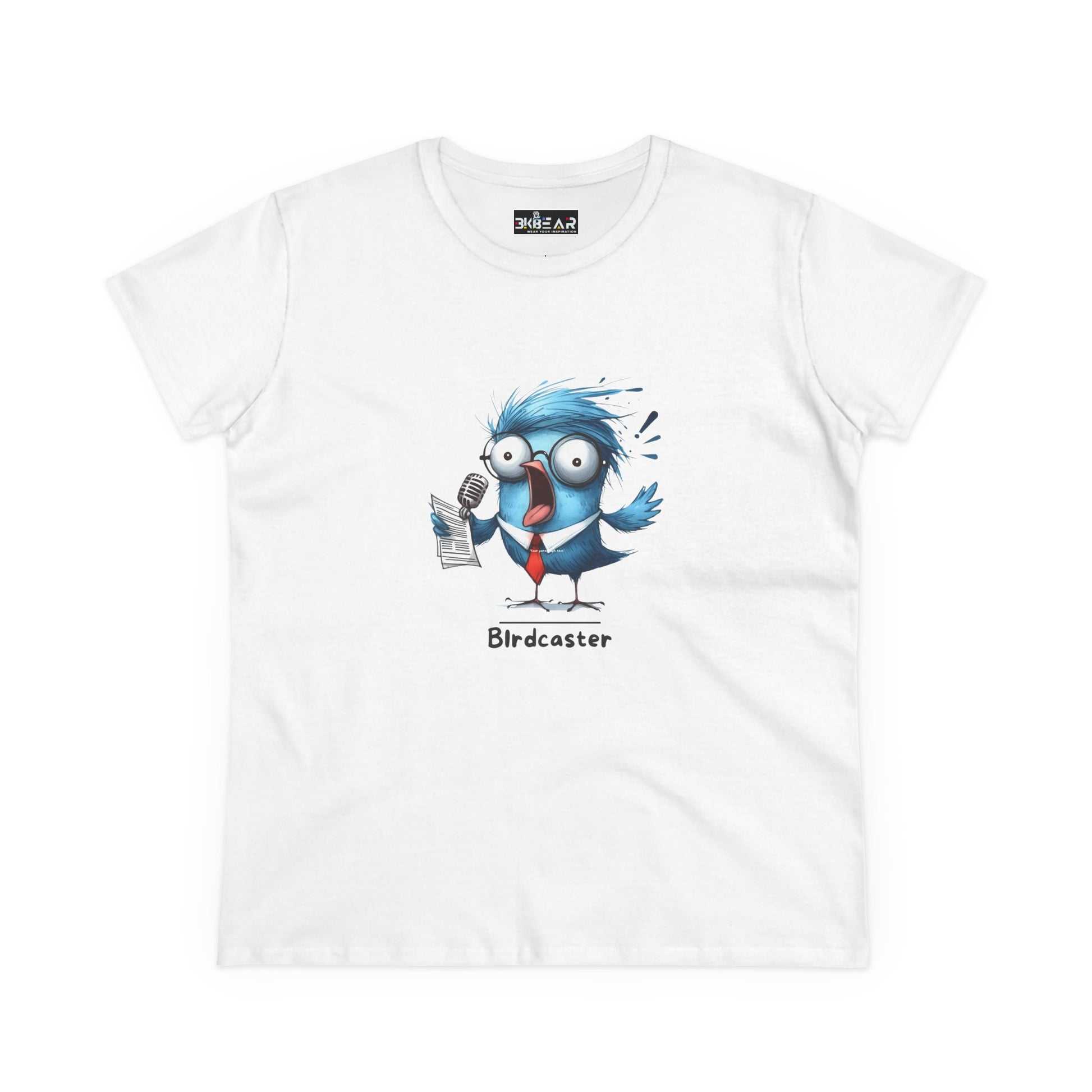 White bird lover shirt women with cartoon blue bird holding microphone and paper print