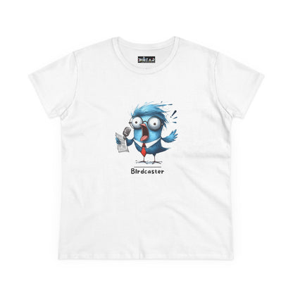 White bird lover shirt women with cartoon blue bird holding microphone and paper print