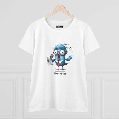 Printify white bird lover shirt women with cartoon blue bird wearing tie and holding microphone