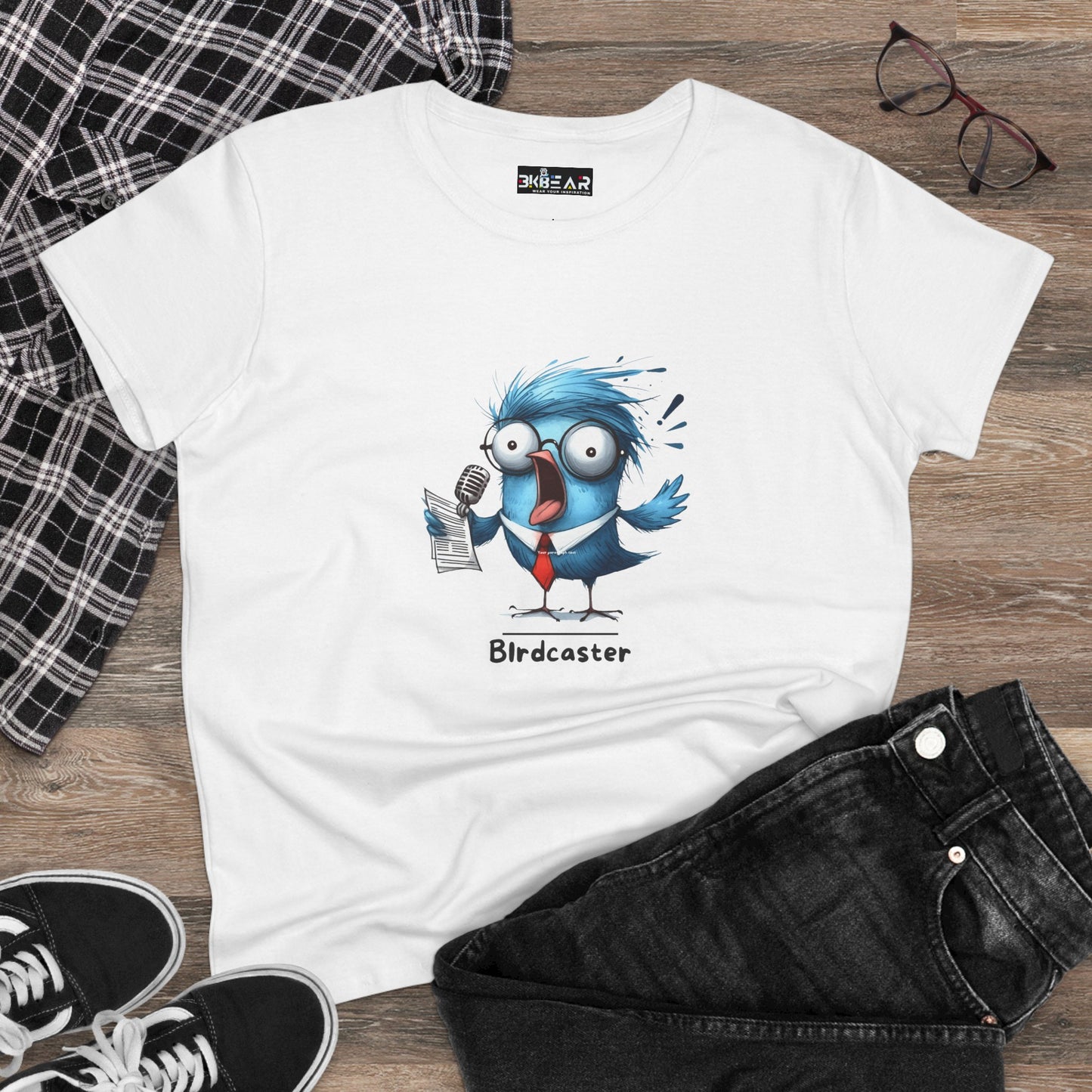 White bird lover shirt women with cartoon blue bird holding microphone and note paper