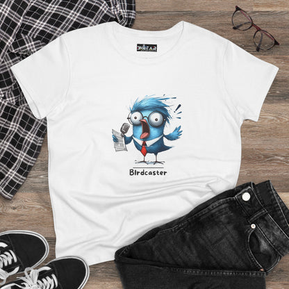 White bird lover shirt women with cartoon blue bird holding microphone and note paper