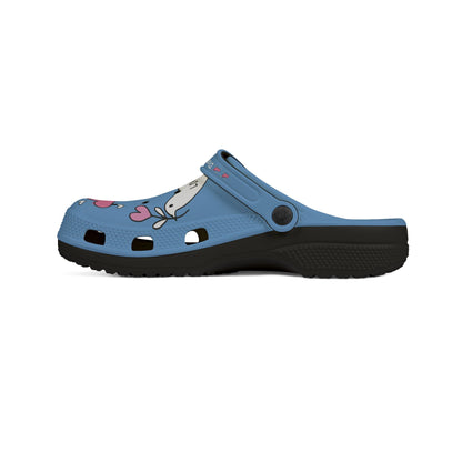 Printify blue clogs for women featuring a cute cartoon design with hearts and adjustable strap