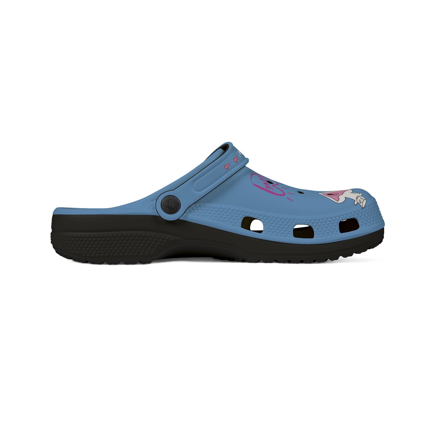 Blue Printify clogs for women with black sole and breathable ventilation holes