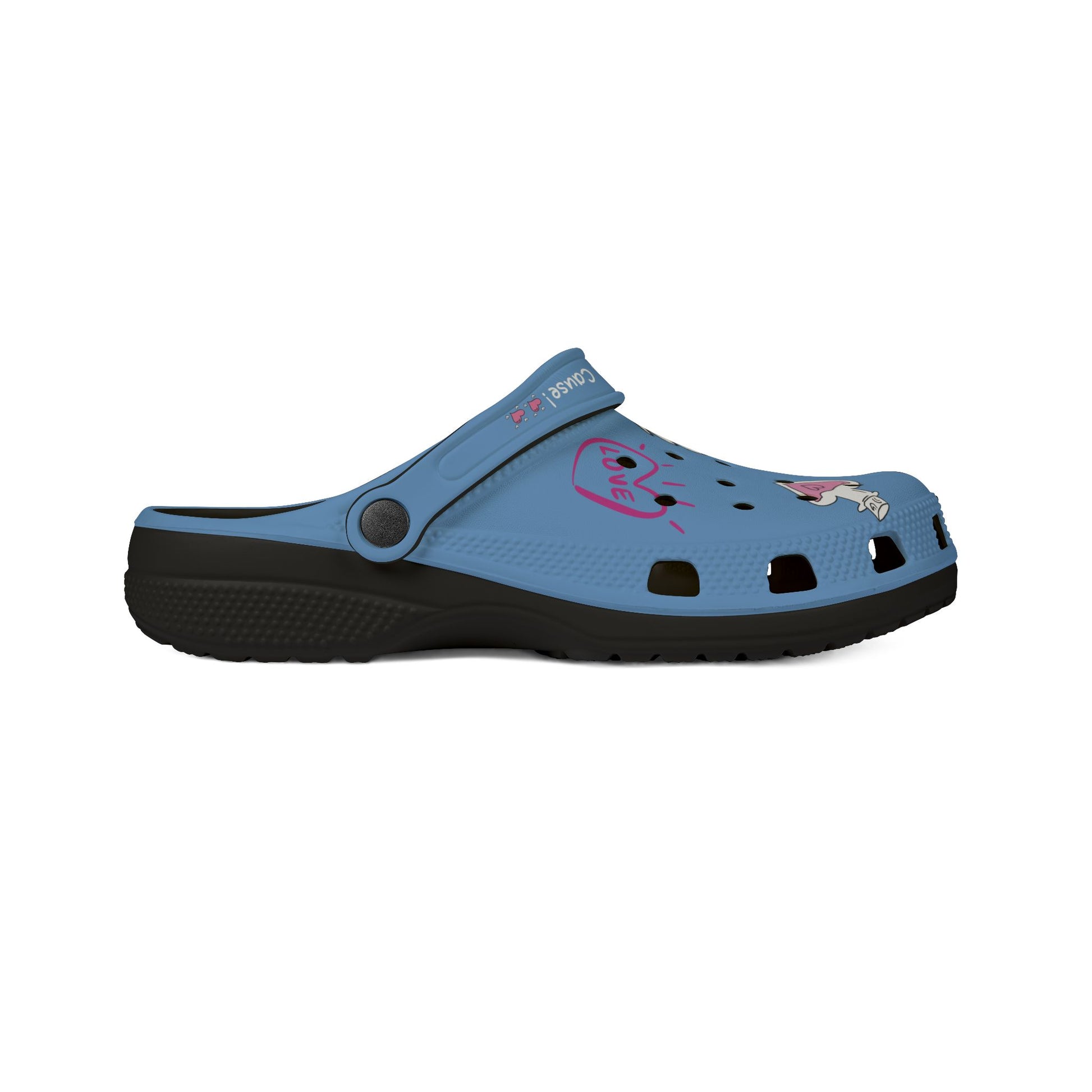 Printify blue clogs for women with heart and dog design and adjustable heel strap