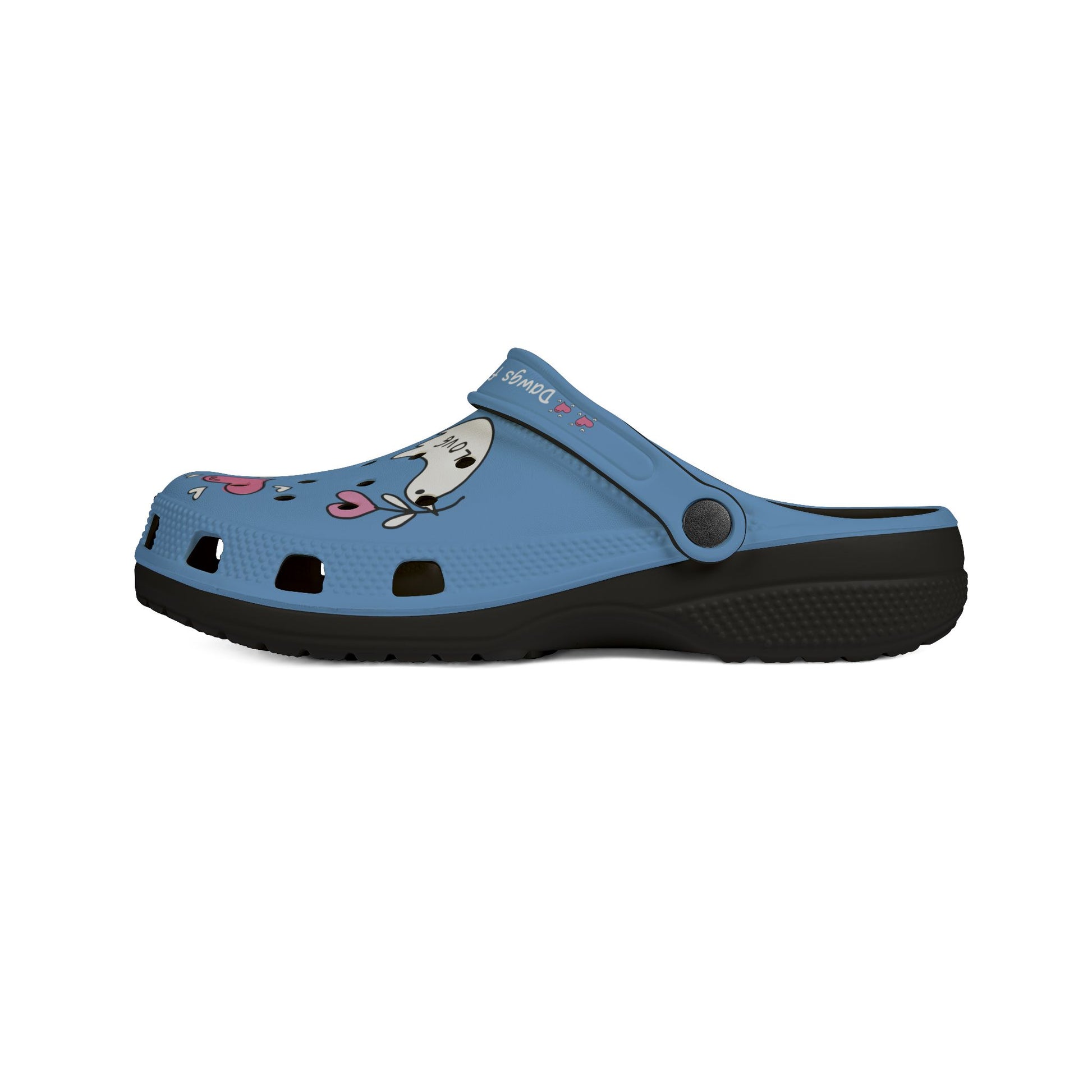 Printify blue clogs for women with cartoon dog design and black sole