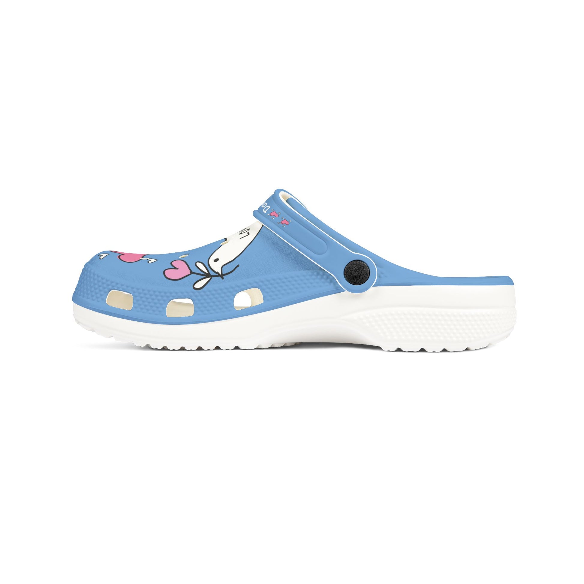 Printify blue clogs for women featuring a playful bunny design with pink hearts and white sole