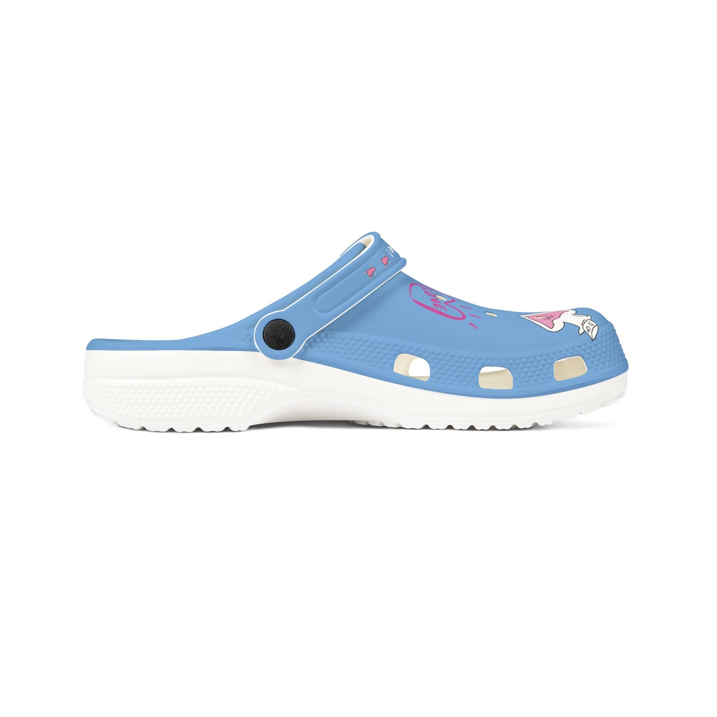 Light blue clogs for women with white sole and fun printed design by Printify