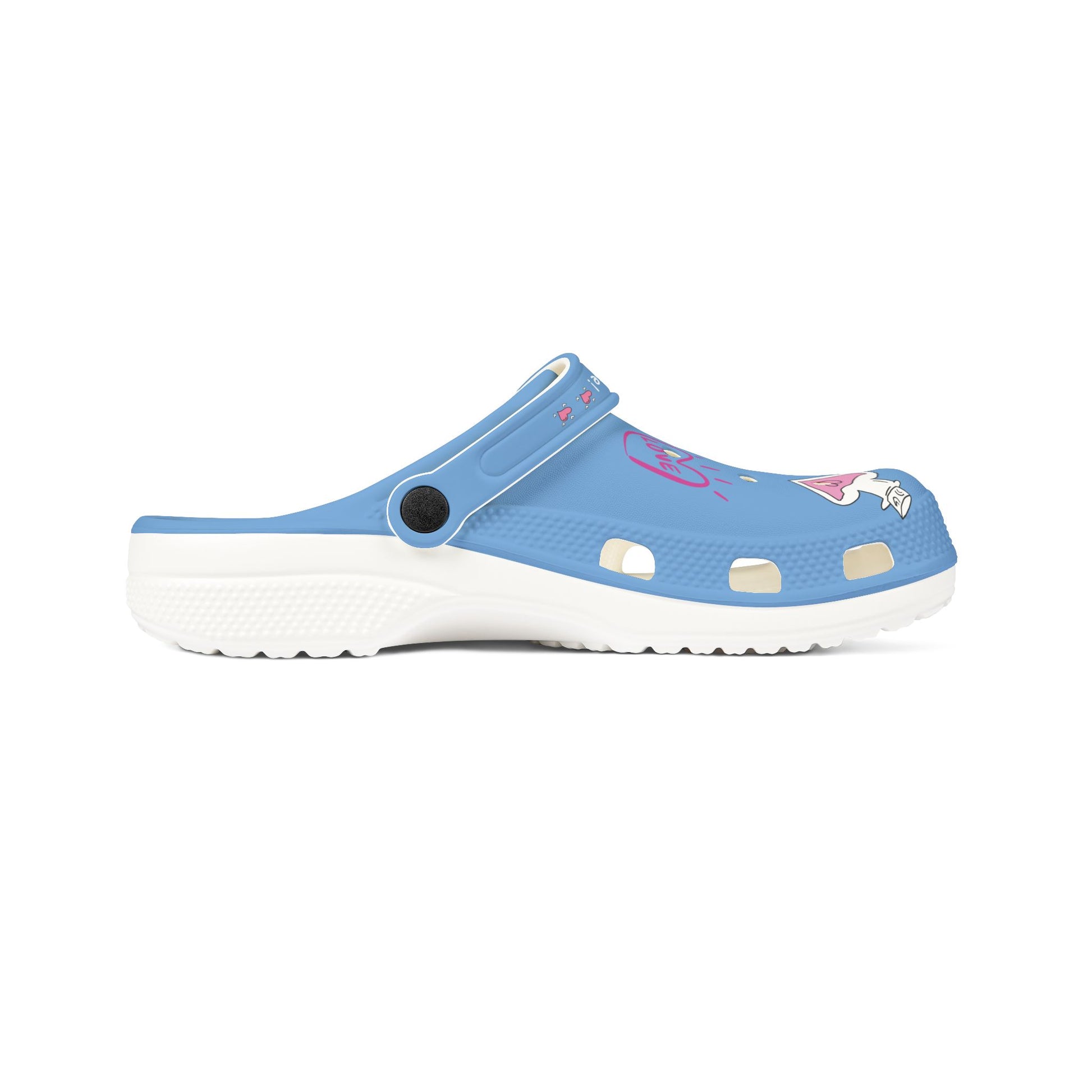 Light blue clogs for women with white sole and fun printed design by Printify
