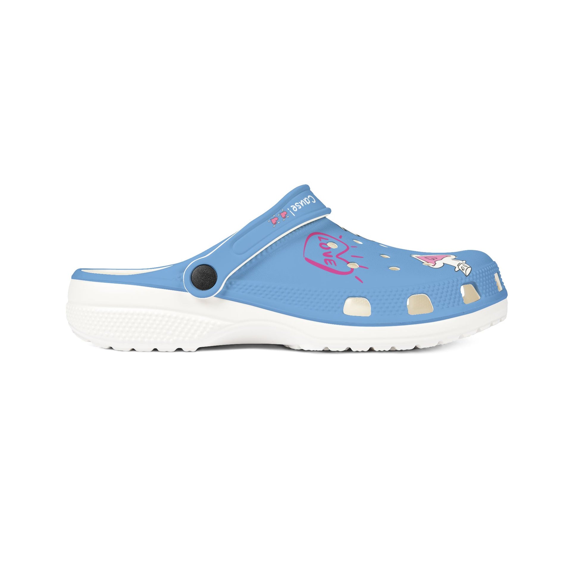 Printify blue clogs for women with heart and unicorn design and white sole