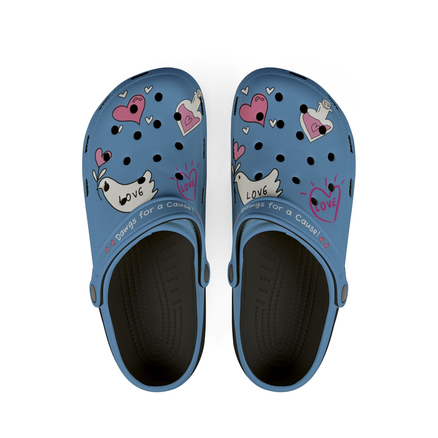 Blue Printify clogs for women with love-themed heart and dog paw designs