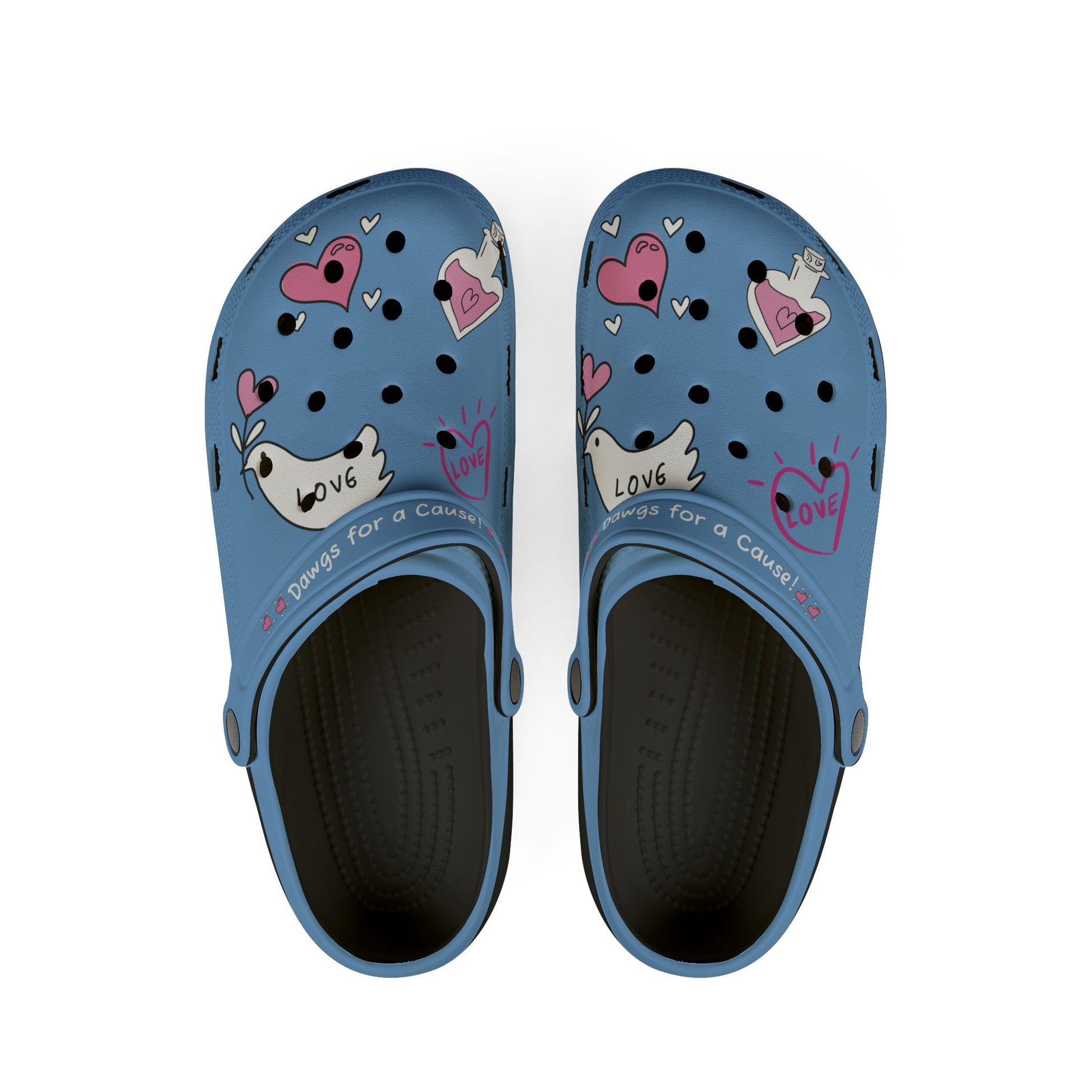 Blue Printify clogs for women with love-themed heart and dog paw designs