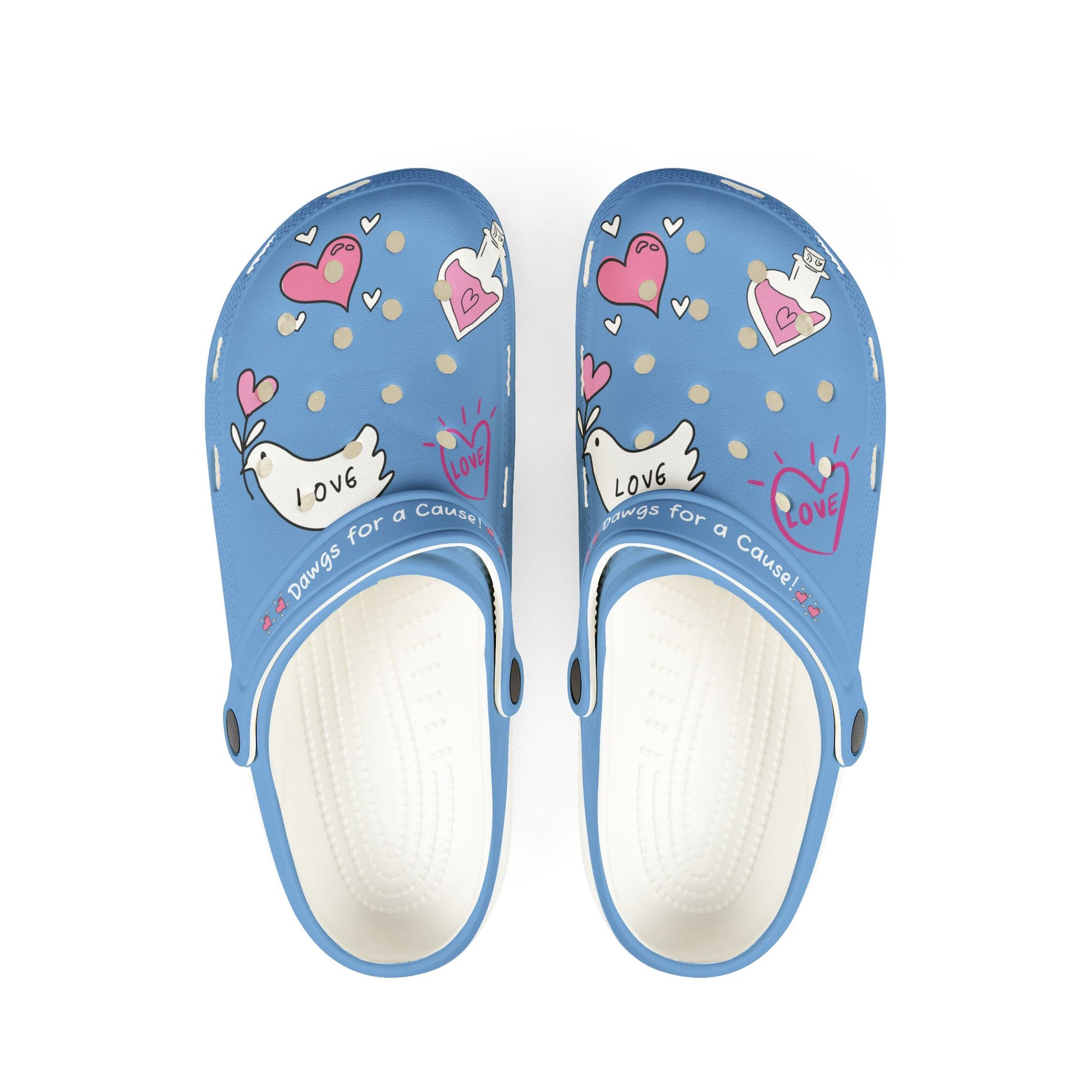 Printify blue clogs for women with love and heart designs and white cushioned footbed