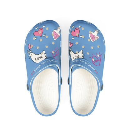 Printify blue clogs for women with love and heart designs and white cushioned footbed