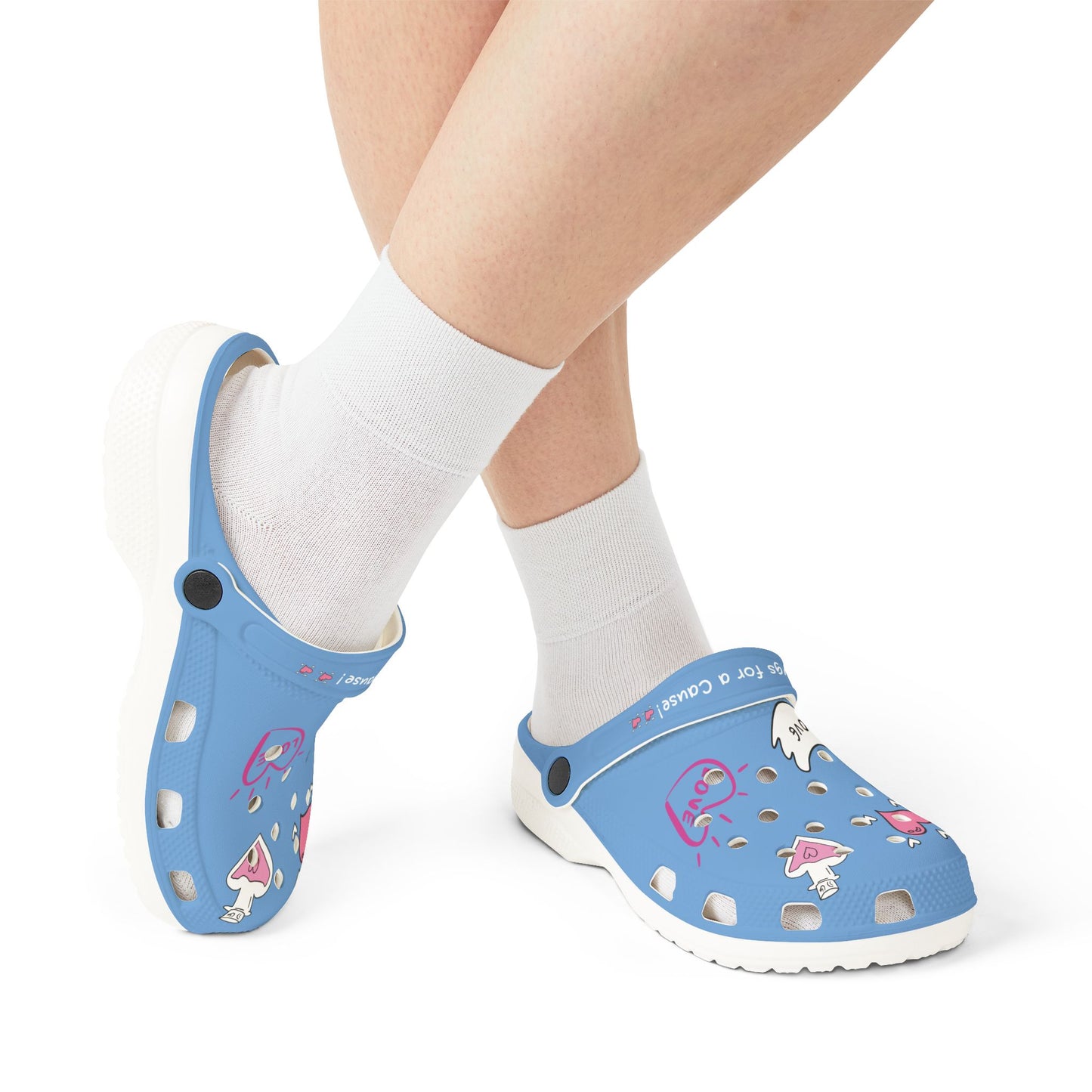 Printify blue clogs for women with white soles and mushroom design worn with white socks