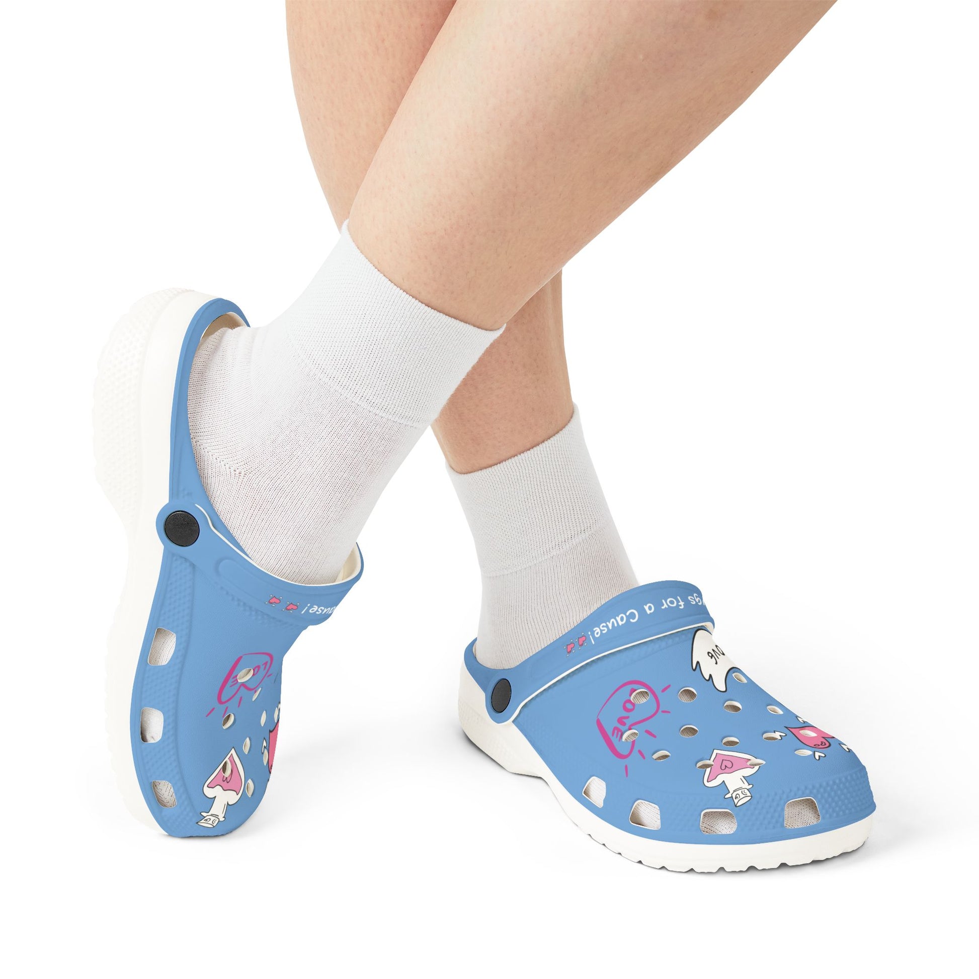 Printify blue clogs for women with white soles and mushroom design worn with white socks