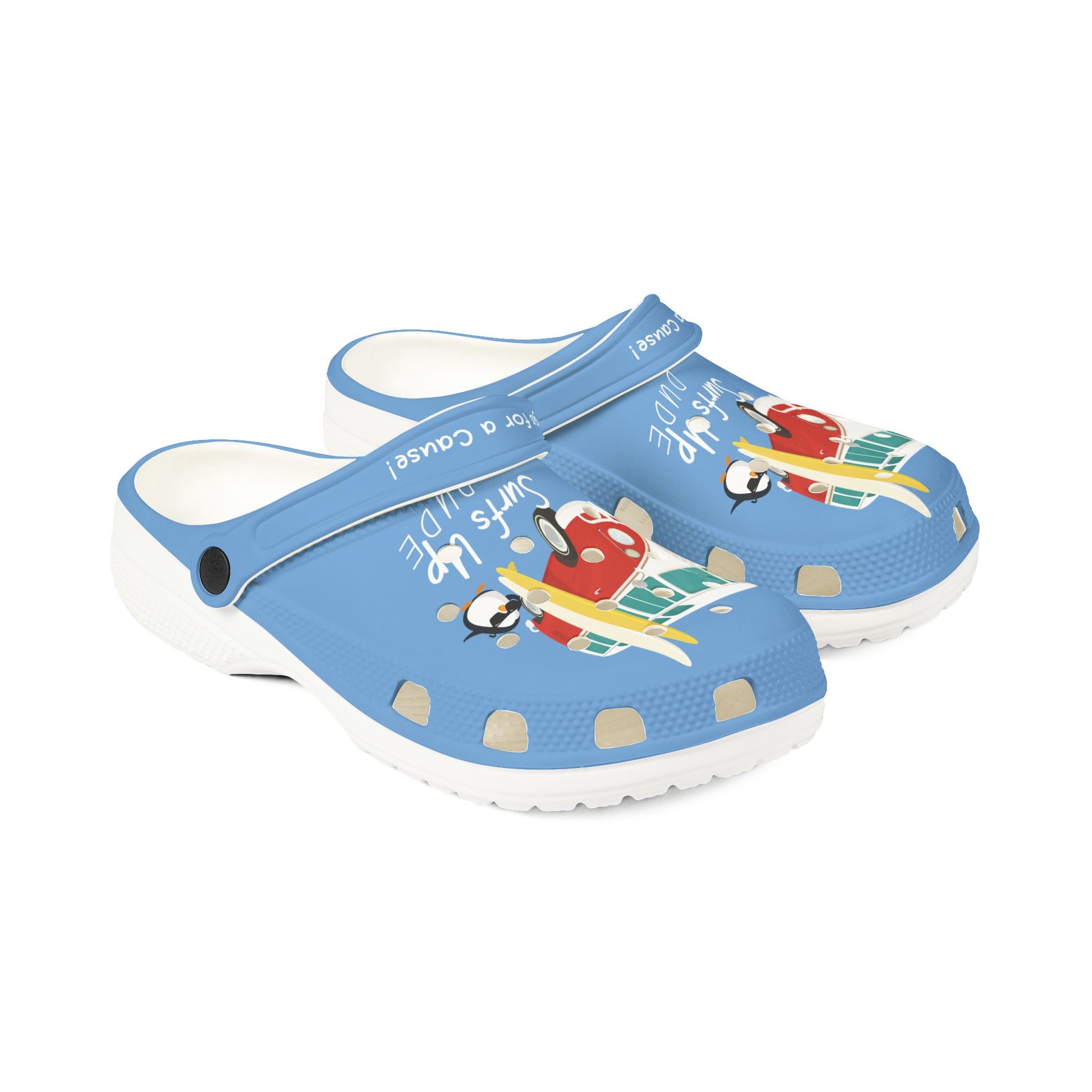 Blue Printify graphic rubber clogs for women with colorful bird design and white soles