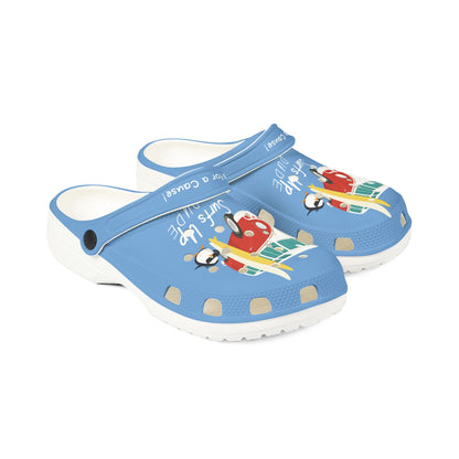Blue Printify graphic rubber clogs for women with colorful bird design and white soles