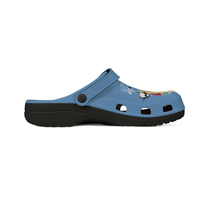 Printify blue graphic rubber clogs for women with black soles and colorful design details