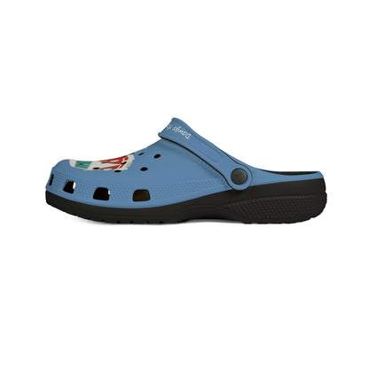Printify graphic rubber clogs for women in blue with black sole and ventilation holes