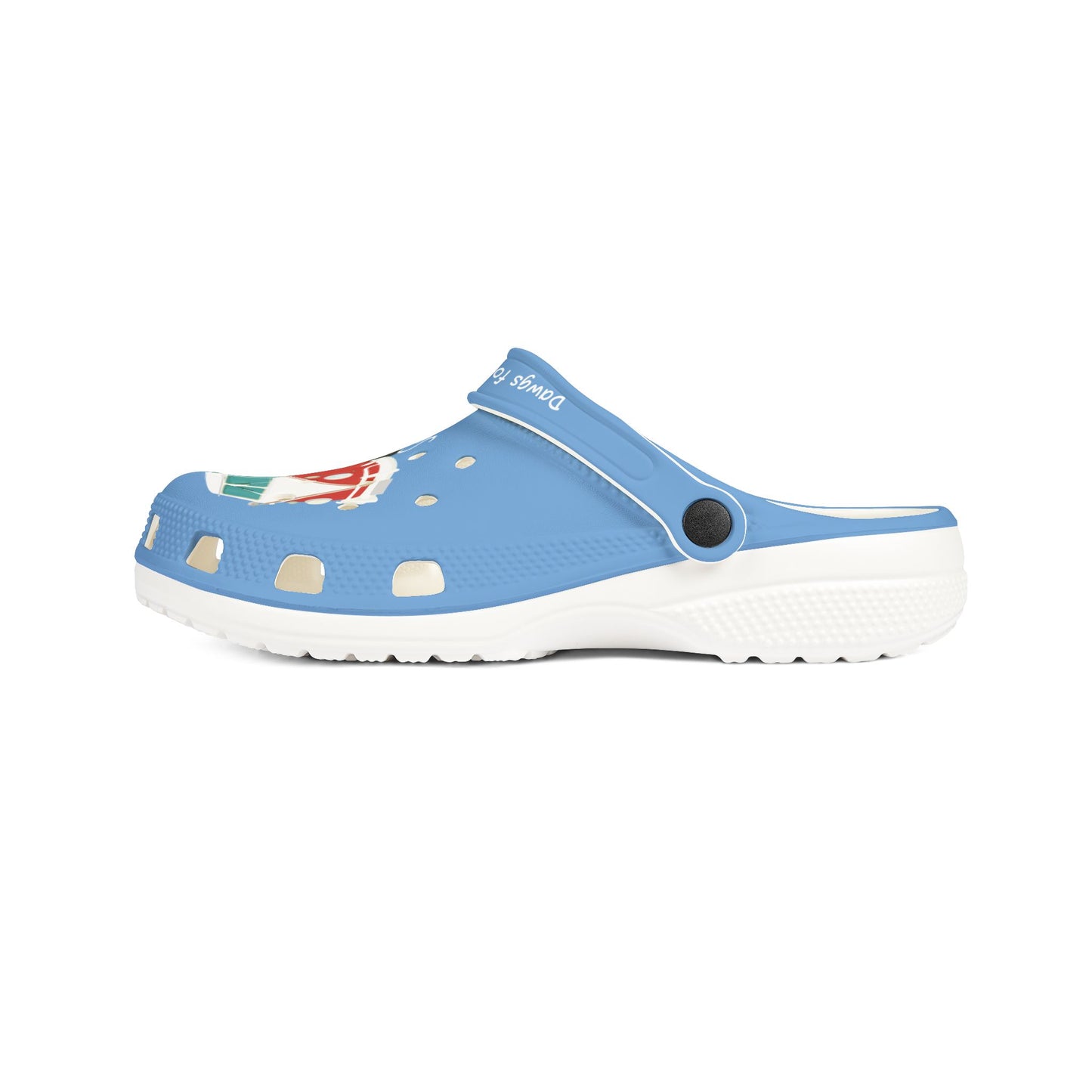 Printify blue graphic rubber clogs for women with white sole and adjustable heel strap
