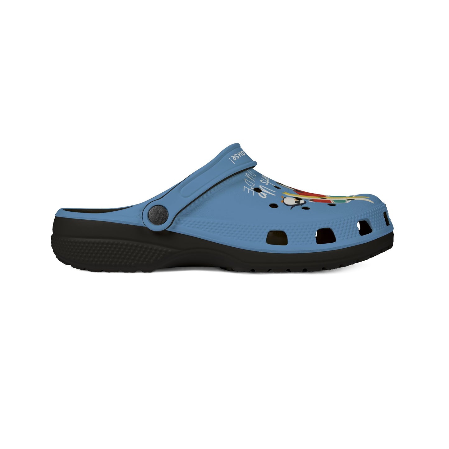 Blue Printify graphic rubber clogs for women with colorful design and black sole