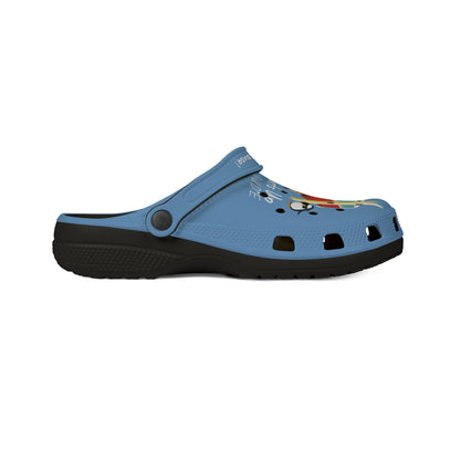 Blue Printify graphic rubber clogs for women with colorful design and black sole