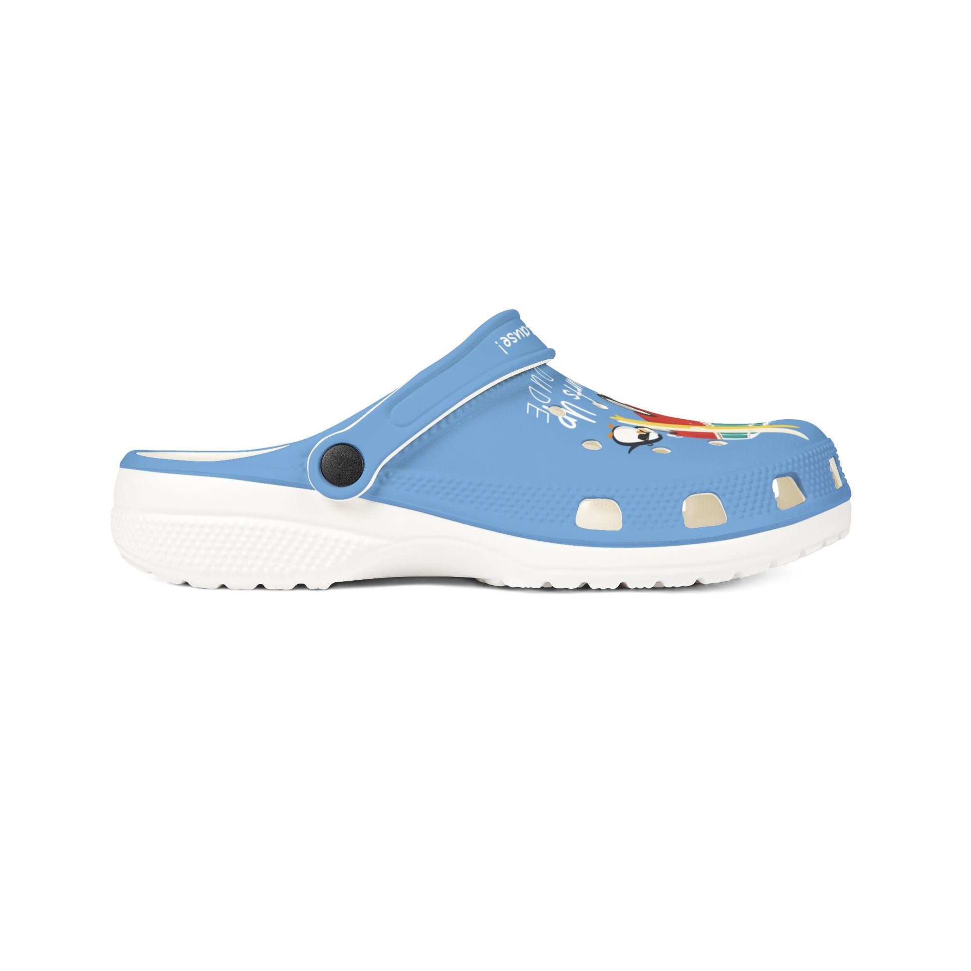 Printify blue graphic rubber clogs for women with adjustable strap and ventilation holes